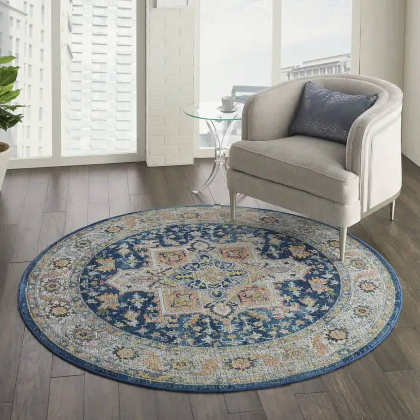 4' Ivory Blue and Yellow Floral Medallion Distressed Non Skid Round Rug Photo 7