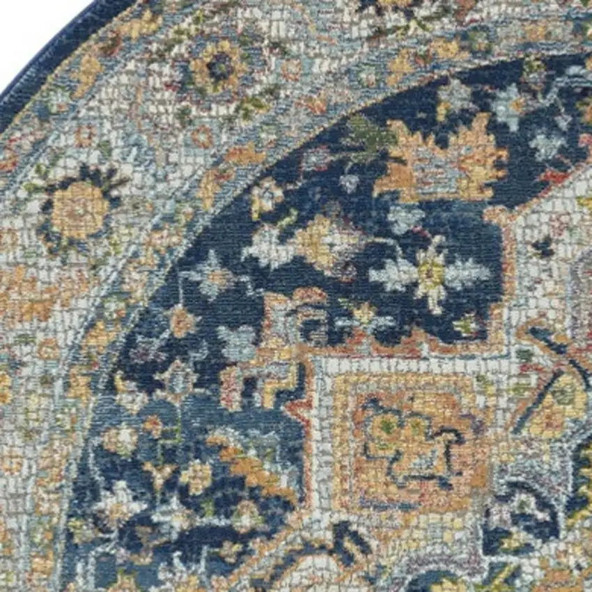 4' Ivory Blue and Yellow Floral Medallion Distressed Non Skid Round Rug Photo 8