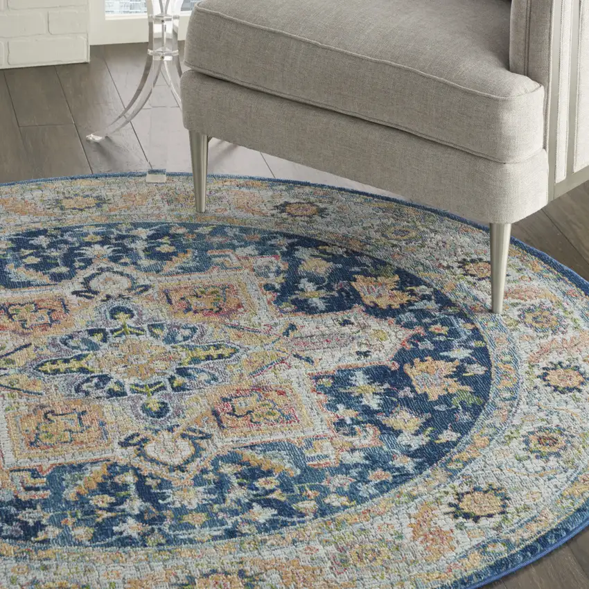4' Ivory Blue and Yellow Floral Medallion Distressed Non Skid Round Rug Photo 6