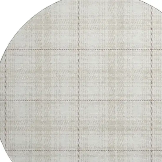 8' Ivory Brown And Beige Plaid Washable Round Rug With UV Protection Photo 2