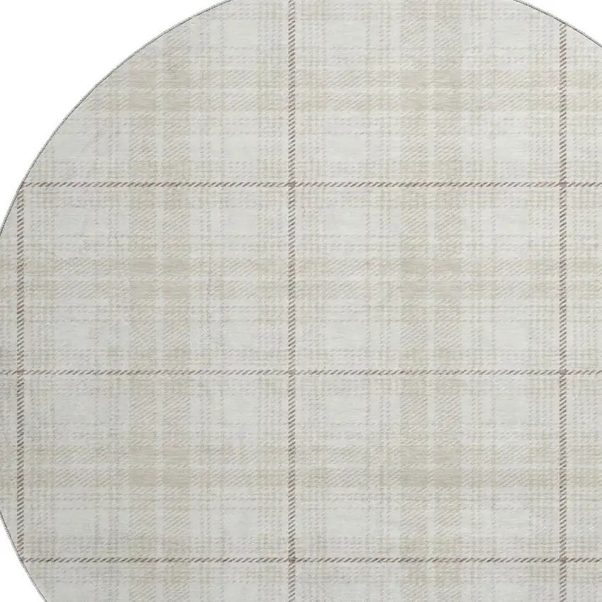 8' Ivory Brown And Beige Plaid Washable Round Rug With UV Protection Photo 2