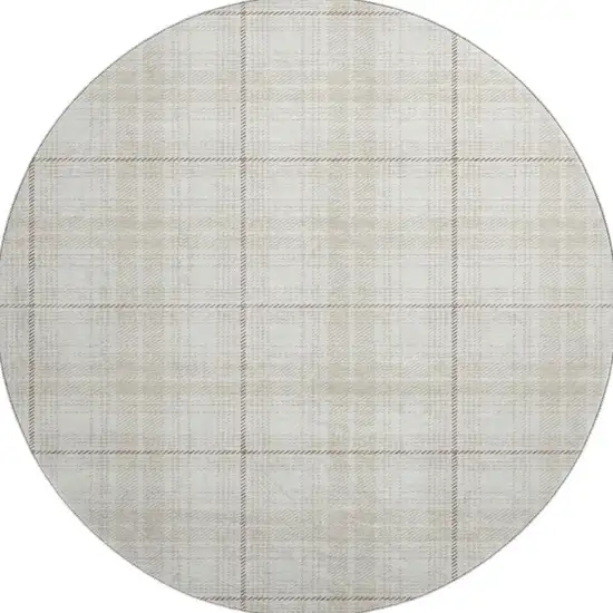 8' Ivory Brown And Beige Plaid Washable Round Rug With UV Protection Photo 3
