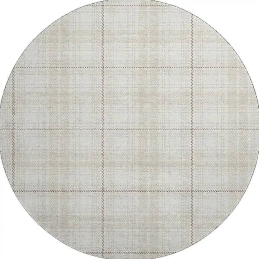 8' Ivory Brown And Beige Plaid Washable Round Rug With UV Protection Photo 3