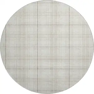 Photo of 8' Ivory Brown And Beige Plaid Washable Round Rug With UV Protection