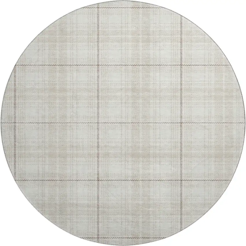 8' Ivory Brown And Beige Plaid Washable Round Rug With UV Protection Photo 1