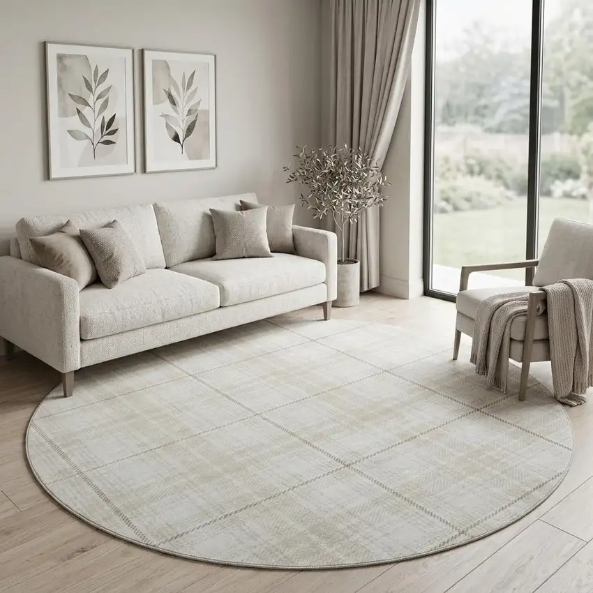 8' Ivory Brown And Beige Plaid Washable Round Rug With UV Protection Photo 1