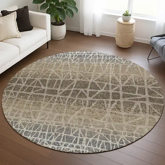 8' Ivory Brown And Beige Round Geometric Washable Indoor Outdoor Area Rug Photo 4