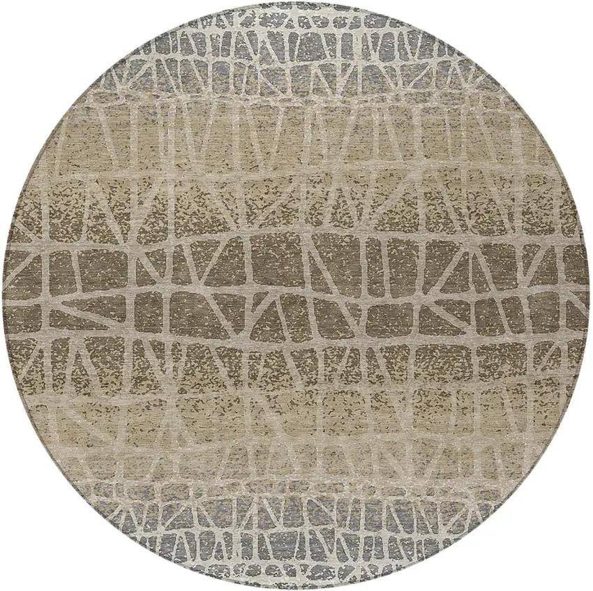 8' Ivory Brown And Beige Round Geometric Washable Indoor Outdoor Area Rug Photo 2