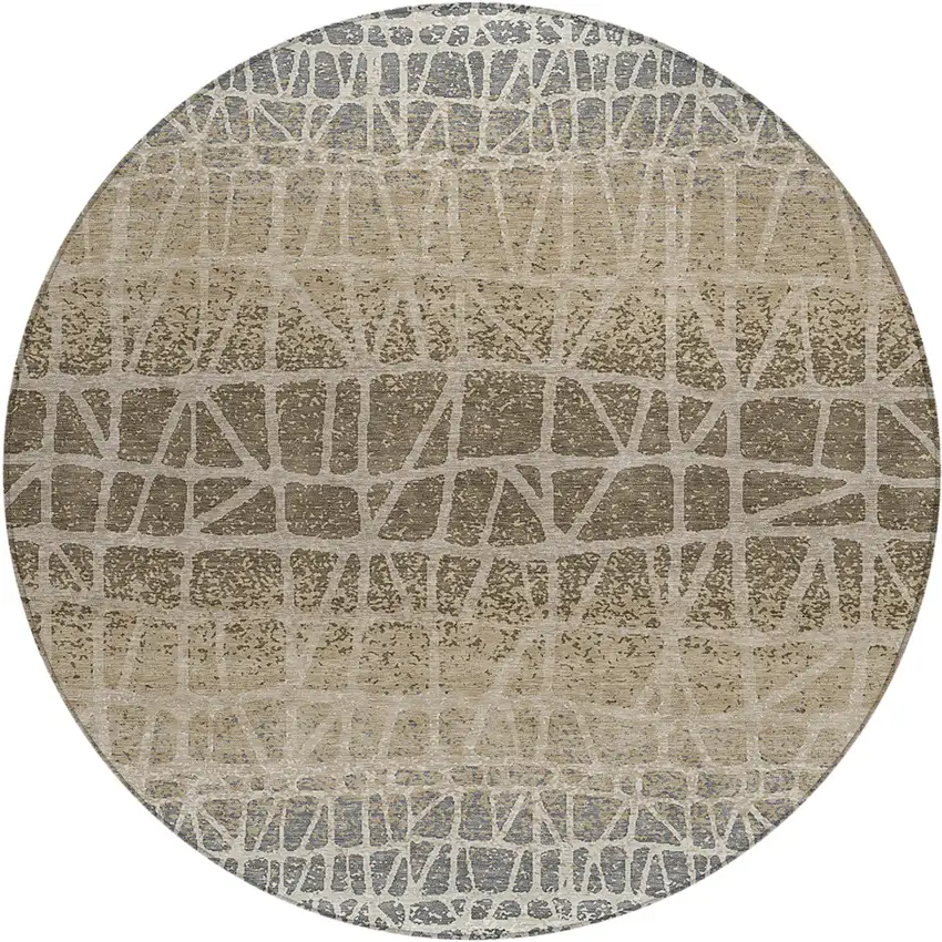 8' Ivory Brown And Beige Round Geometric Washable Indoor Outdoor Area Rug Photo 1