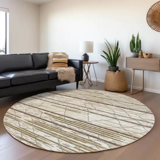 8' Ivory Brown And Beige Round Striped Washable Indoor Outdoor Area Rug Photo 8