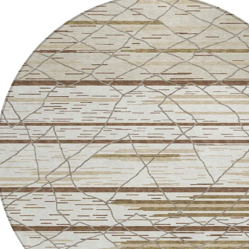 8' Ivory Brown And Beige Round Striped Washable Indoor Outdoor Area Rug Photo 5