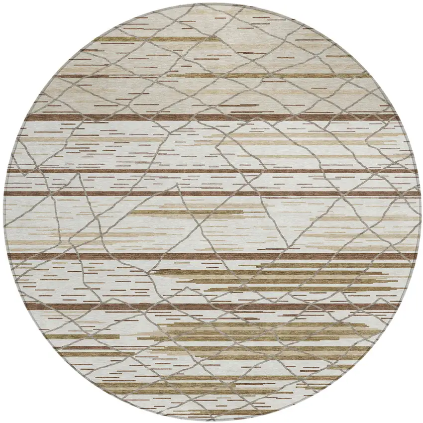 8' Ivory Brown And Beige Round Striped Washable Indoor Outdoor Area Rug Photo 2