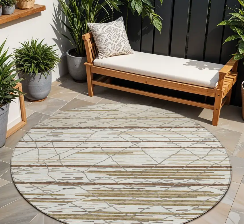 8' Ivory Brown And Beige Round Striped Washable Indoor Outdoor Area Rug Photo 1