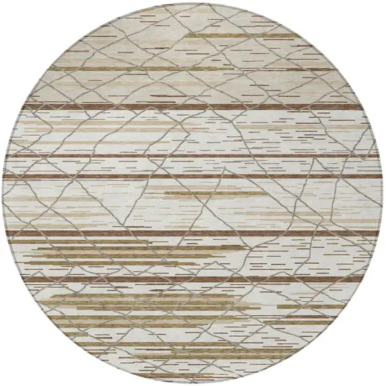 8' Ivory Brown And Beige Round Striped Washable Indoor Outdoor Area Rug Photo 6