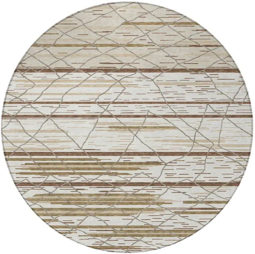 8' Ivory Brown And Beige Round Striped Washable Indoor Outdoor Area Rug Photo 6