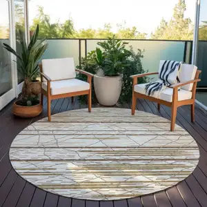 Photo of 8' Ivory Brown And Beige Round Striped Washable Indoor Outdoor Area Rug