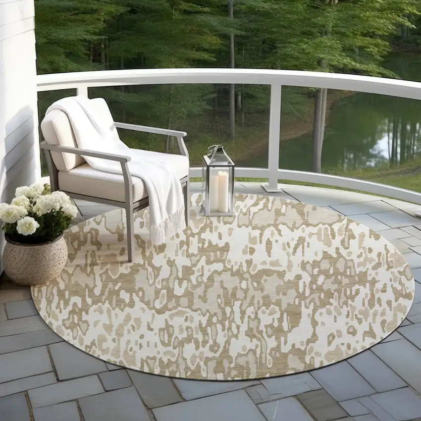 8' Ivory Brown And Beige Round Striped Washable Indoor Outdoor Area Rug Photo 6