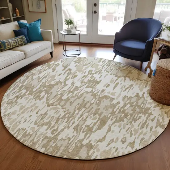 8' Ivory Brown And Beige Round Striped Washable Indoor Outdoor Area Rug Photo 7