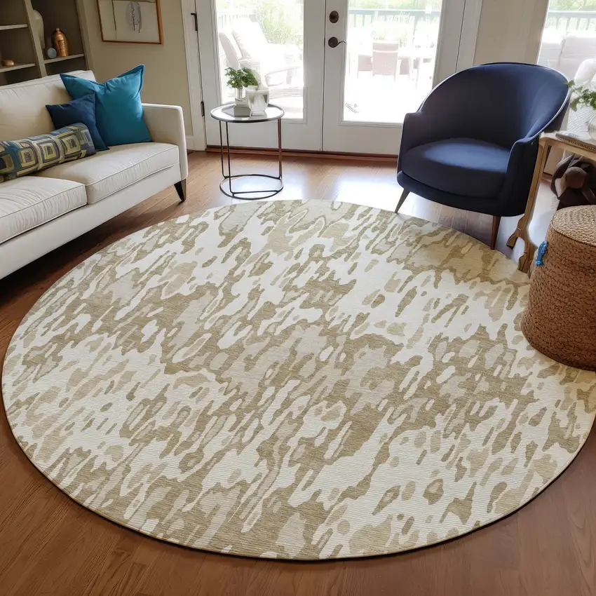 8' Ivory Brown And Beige Round Striped Washable Indoor Outdoor Area Rug Photo 7