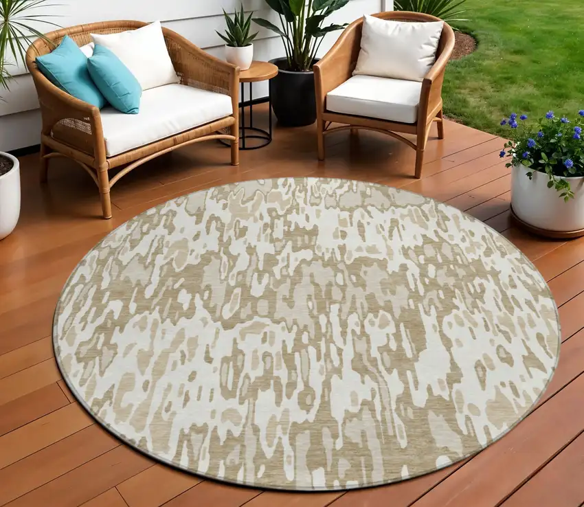 8' Ivory Brown And Beige Round Striped Washable Indoor Outdoor Area Rug Photo 1