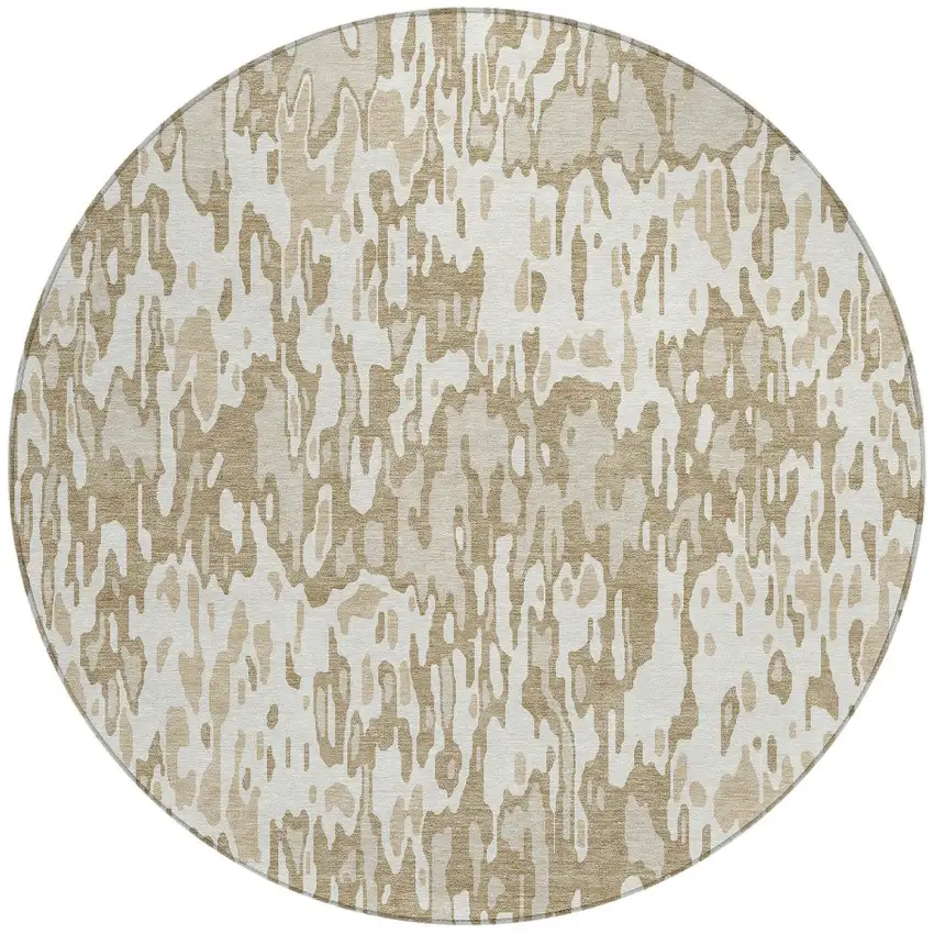 8' Ivory Brown And Beige Round Striped Washable Indoor Outdoor Area Rug Photo 5