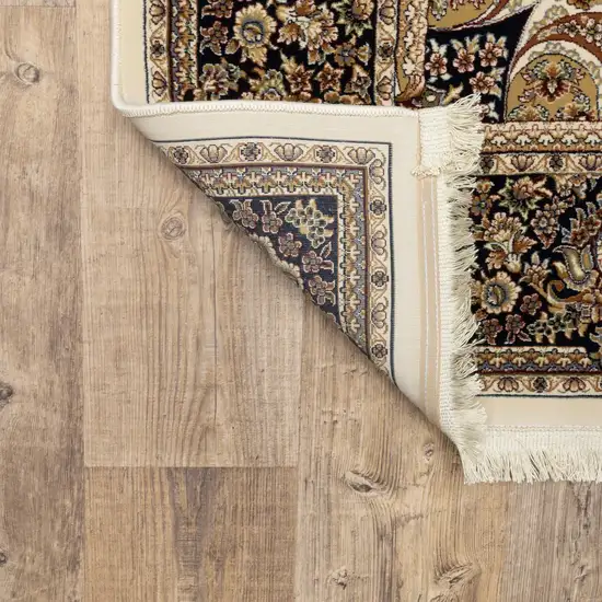 10' Ivory Brown And Black Medallion Runner Rug With Fringe Photo 9