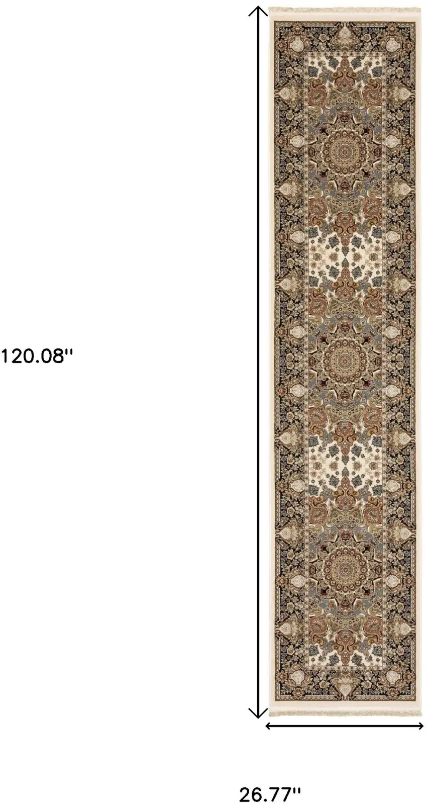 10' Ivory Brown And Black Medallion Runner Rug With Fringe Photo 3