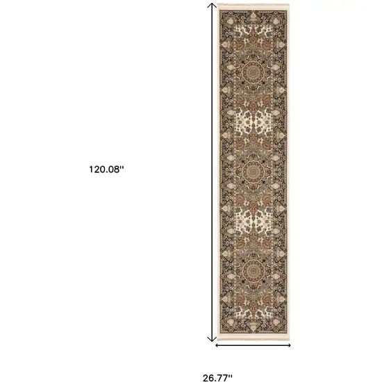 10' Ivory Brown And Black Medallion Runner Rug With Fringe Photo 3
