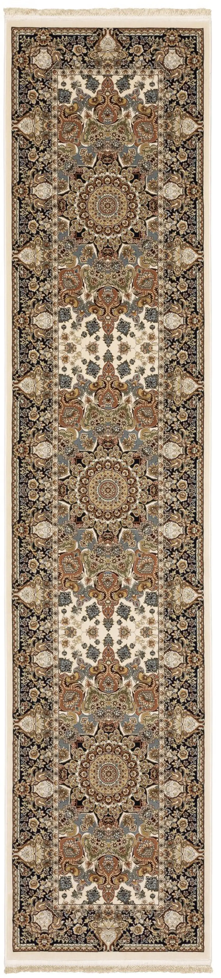 10' Ivory Brown And Black Medallion Runner Rug With Fringe Photo 2