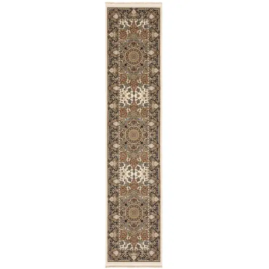 10' Ivory Brown And Black Medallion Runner Rug With Fringe Photo 2