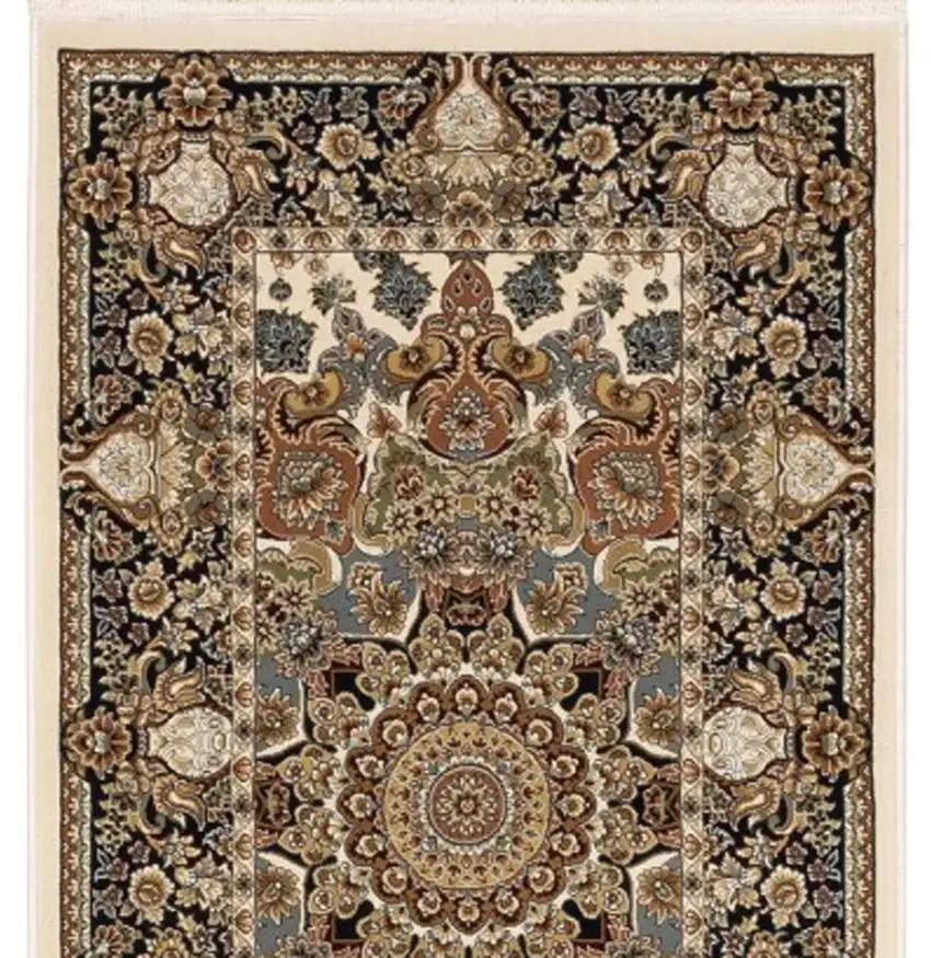 10' Ivory Brown And Black Medallion Runner Rug With Fringe Photo 4