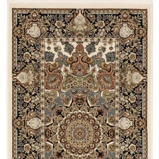 10' Ivory Brown And Black Medallion Runner Rug With Fringe Photo 4