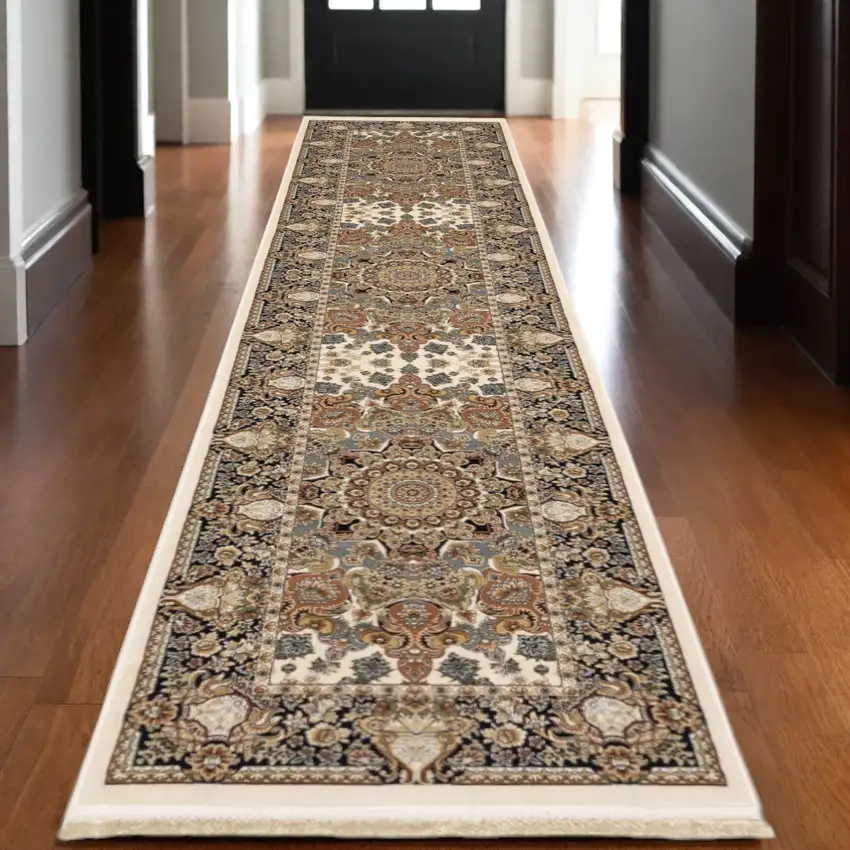 10' Ivory Brown And Black Medallion Runner Rug With Fringe Photo 1