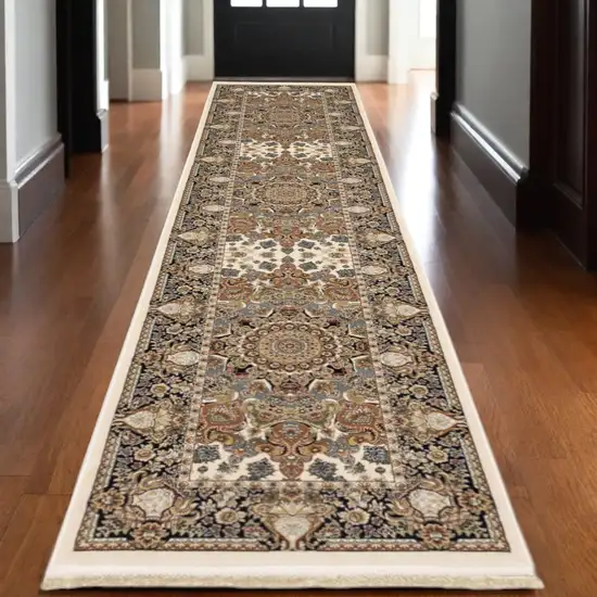 10' Ivory Brown And Black Medallion Runner Rug With Fringe Photo 1
