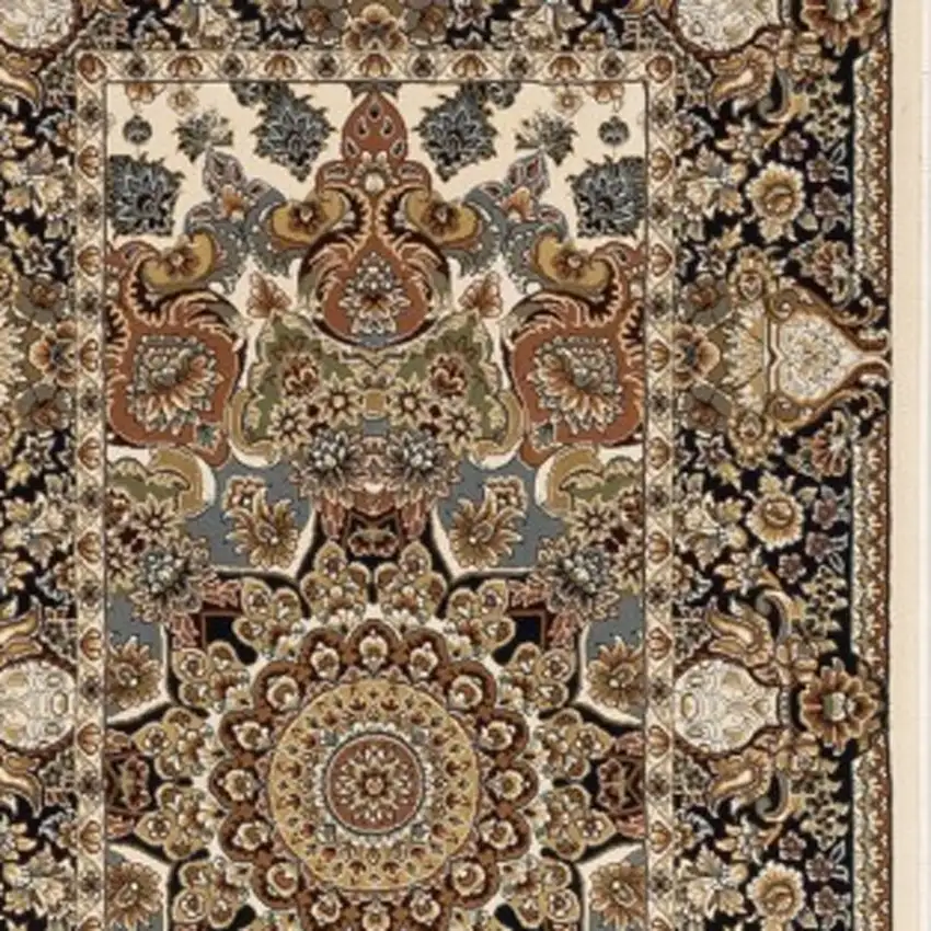 10' Ivory Brown And Black Medallion Runner Rug With Fringe Photo 9