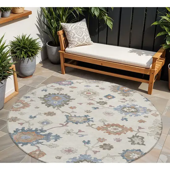 8' Ivory Brown And Blue Round Floral Washable Indoor Outdoor Area Rug Photo 1