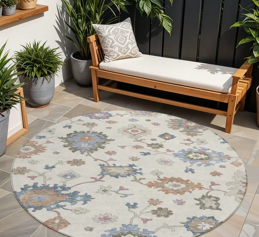 8' Ivory Brown And Blue Round Floral Washable Indoor Outdoor Area Rug Photo 1