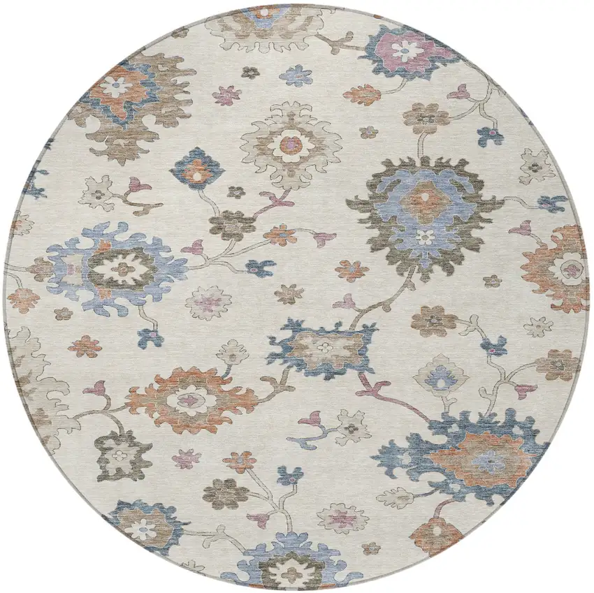 8' Ivory Brown And Blue Round Floral Washable Indoor Outdoor Area Rug Photo 6