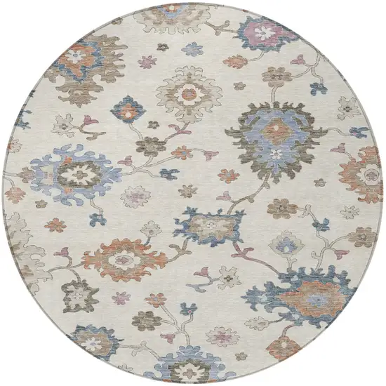 8' Ivory Brown And Blue Round Floral Washable Indoor Outdoor Area Rug Photo 6