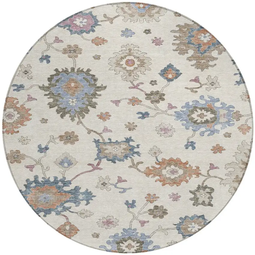 8' Ivory Brown And Blue Round Floral Washable Indoor Outdoor Area Rug Photo 5