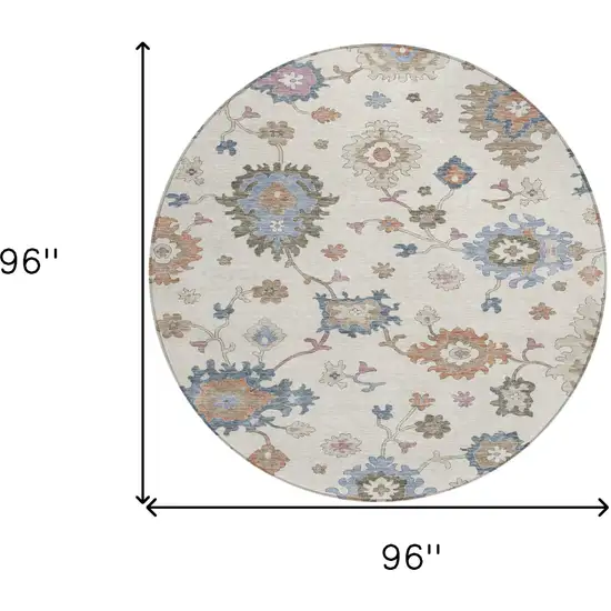 8' Ivory Brown And Blue Round Floral Washable Indoor Outdoor Area Rug Photo 3
