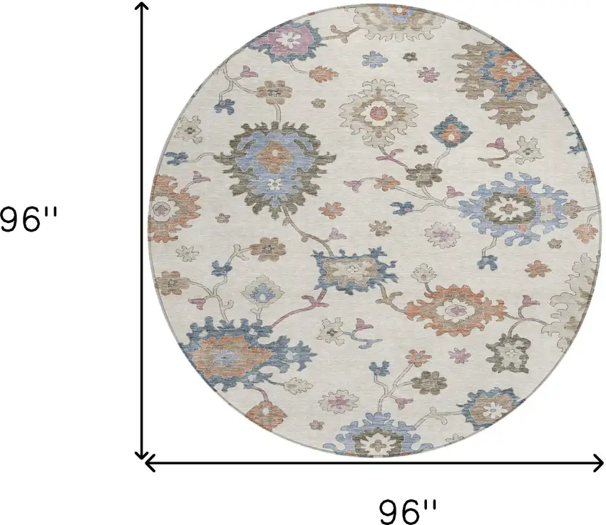 8' Ivory Brown And Blue Round Floral Washable Indoor Outdoor Area Rug Photo 3