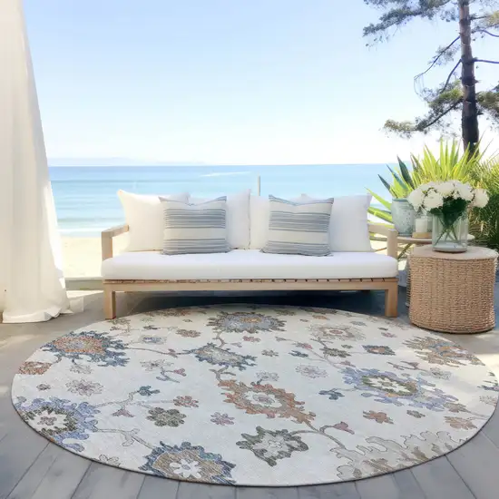 8' Ivory Brown And Blue Round Floral Washable Indoor Outdoor Area Rug Photo 7