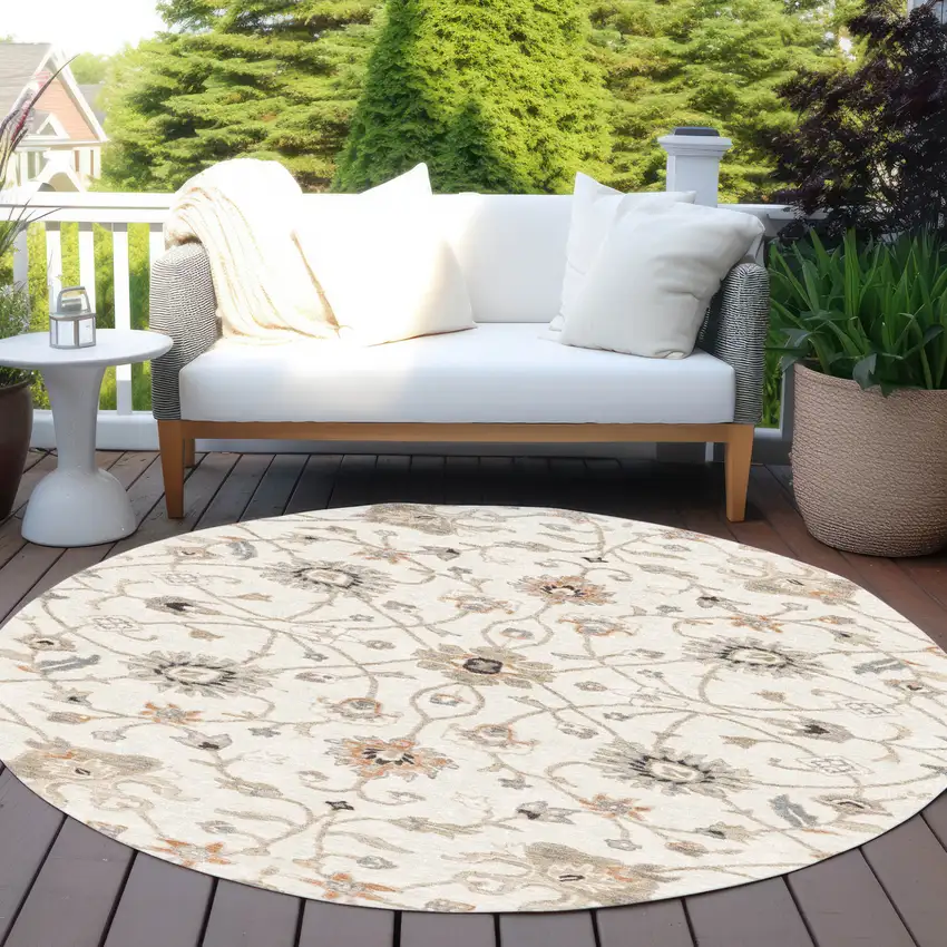 8' Ivory Brown And Coral Round Floral Washable Indoor Outdoor Area Rug Photo 7