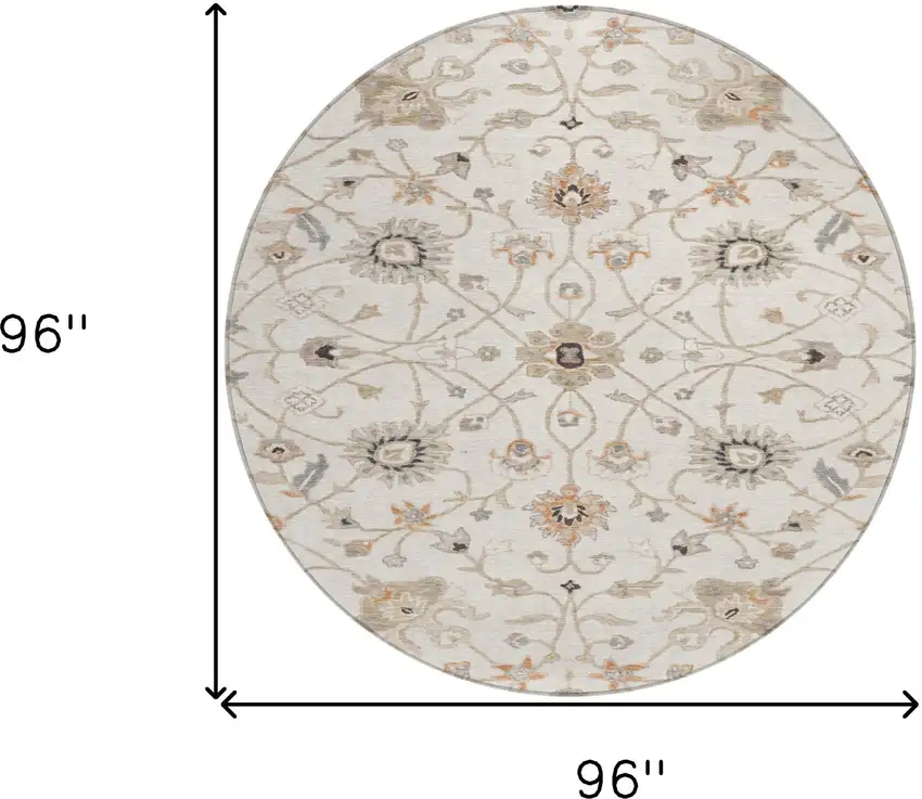 8' Ivory Brown And Coral Round Floral Washable Indoor Outdoor Area Rug Photo 9