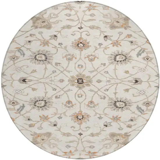 8' Ivory Brown And Coral Round Floral Washable Indoor Outdoor Area Rug Photo 2