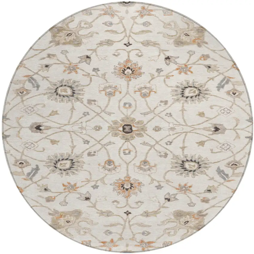 8' Ivory Brown And Coral Round Floral Washable Indoor Outdoor Area Rug Photo 2