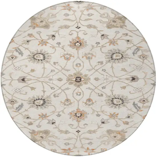 8' Ivory Brown And Coral Round Floral Washable Indoor Outdoor Area Rug Photo 6