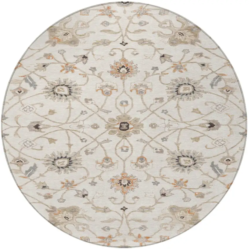 8' Ivory Brown And Coral Round Floral Washable Indoor Outdoor Area Rug Photo 6
