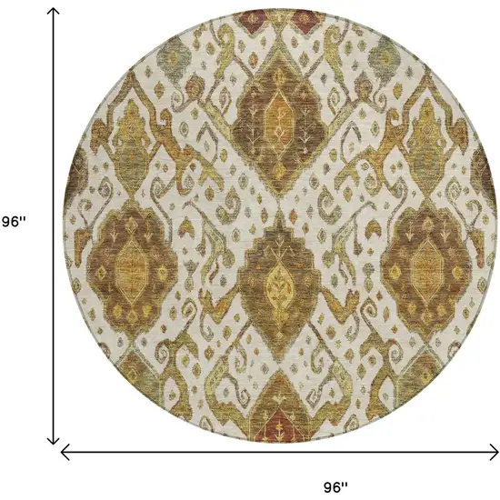 8' Ivory Brown And Gold Round Ikat Washable Indoor Outdoor Area Rug Photo 3